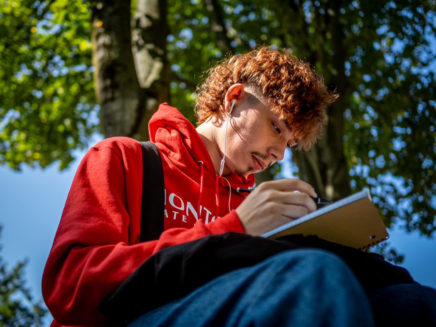 Student studies outside on campus