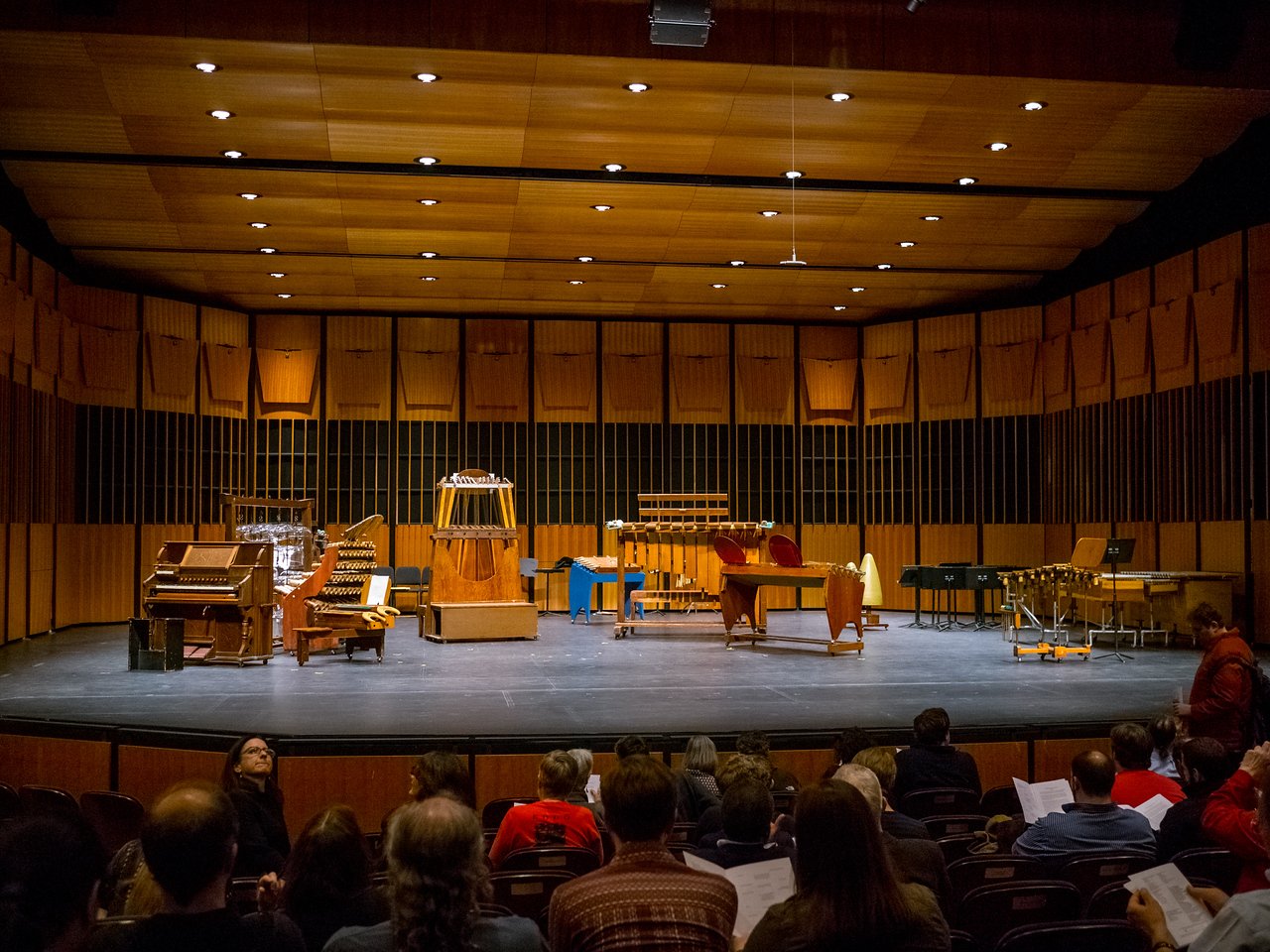 Harry Partch instruments on stage at Alexander Kasser Theater