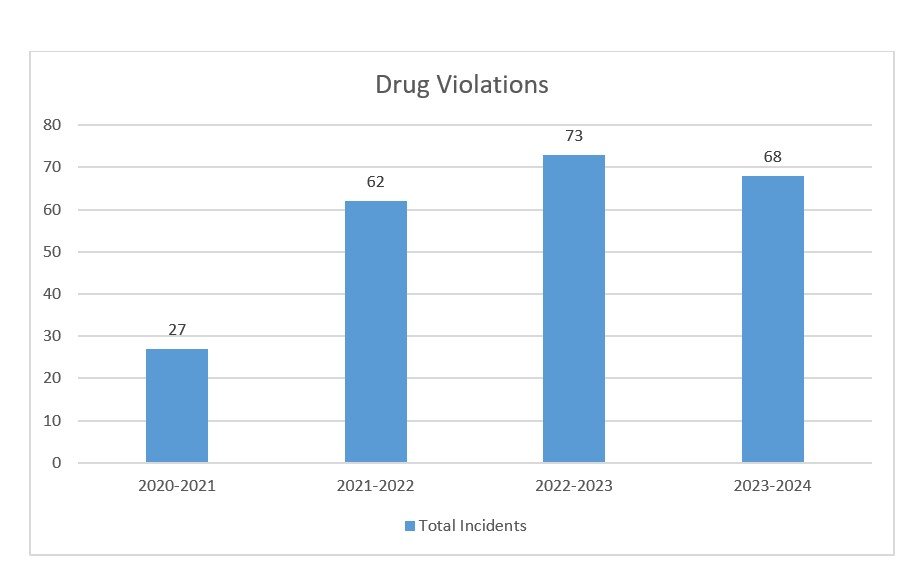 bar chart on drug violation between 2020-2024