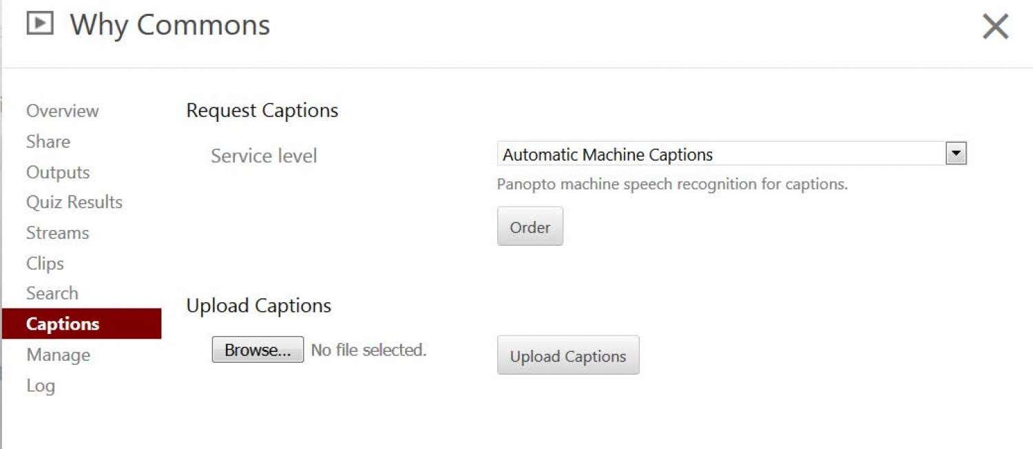 Panopto settings highlighting options for ordering automatic machine captions.