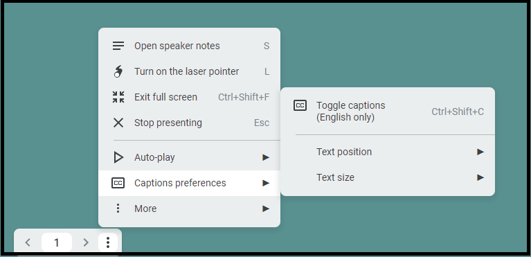 Google Slides Captions Preferences menu