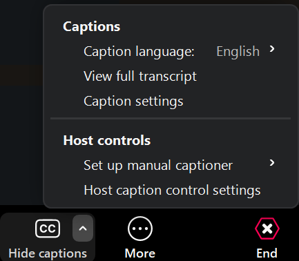 Zoom Captions and Host controls menu settings