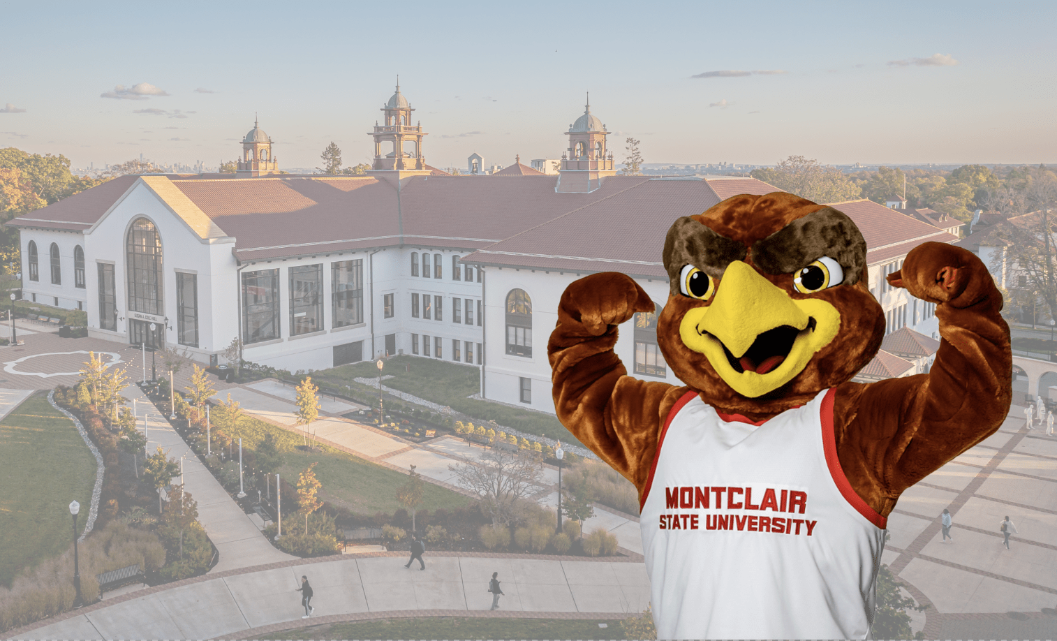 Rocky in strong arm pose superimposed on an aerial image of Cole Hall