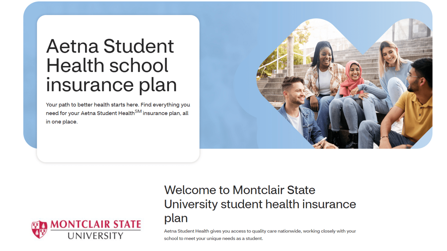 A screenshot of the Aetna website showing details of the Montclair student health insurance plan.