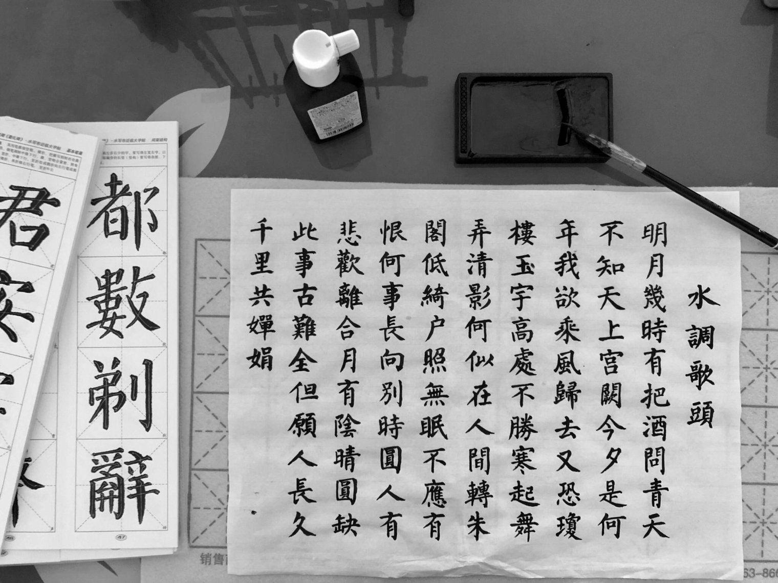 A Chinese calligraphy practice setup with a brush, ink, practice workbook, and a sheet of traditional Chinese characters