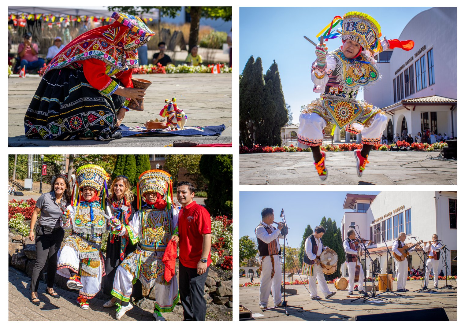 A collage of four images, the first shows an Andean performer in traditional attire performing a ceremonial sacrifice ritual for an audience, the second image shows a male Andean dancer in traditional attire posing mid-jump during a performance, the third shows two male Andean dancers in traditional attire posing with audience members, and the fourth image shows a band of five Ecuadorian musicians performing a song