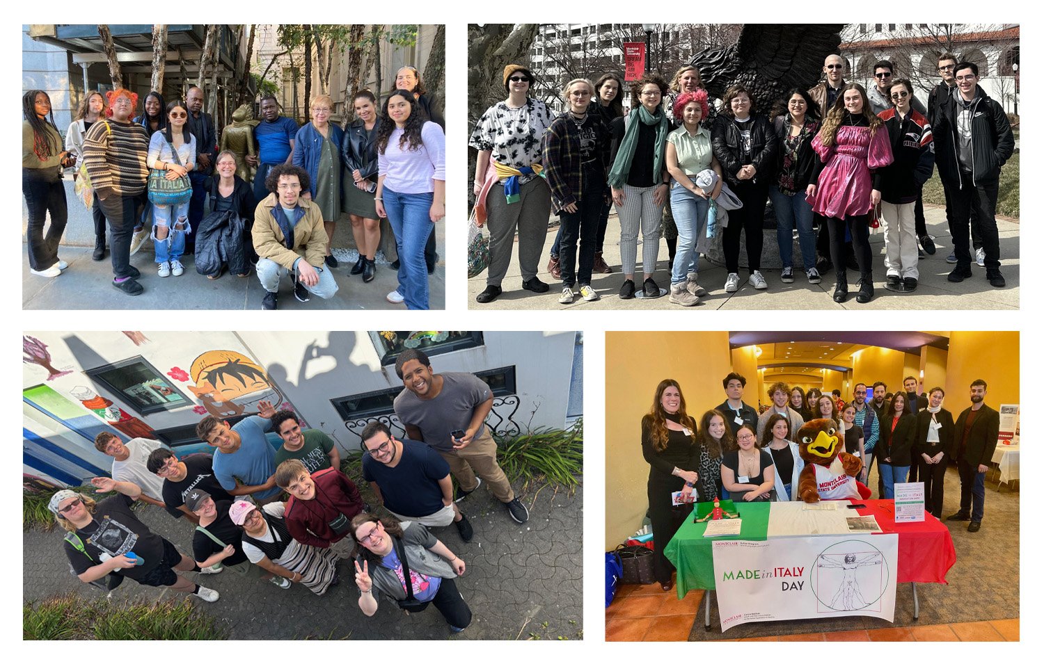 Collage of four photos showing groups of students posing at various locations, including in front of the Montclair State University Red Hawk statue, a building, with Rocky the Red Hawk mascot, and an outdoor area with trees.