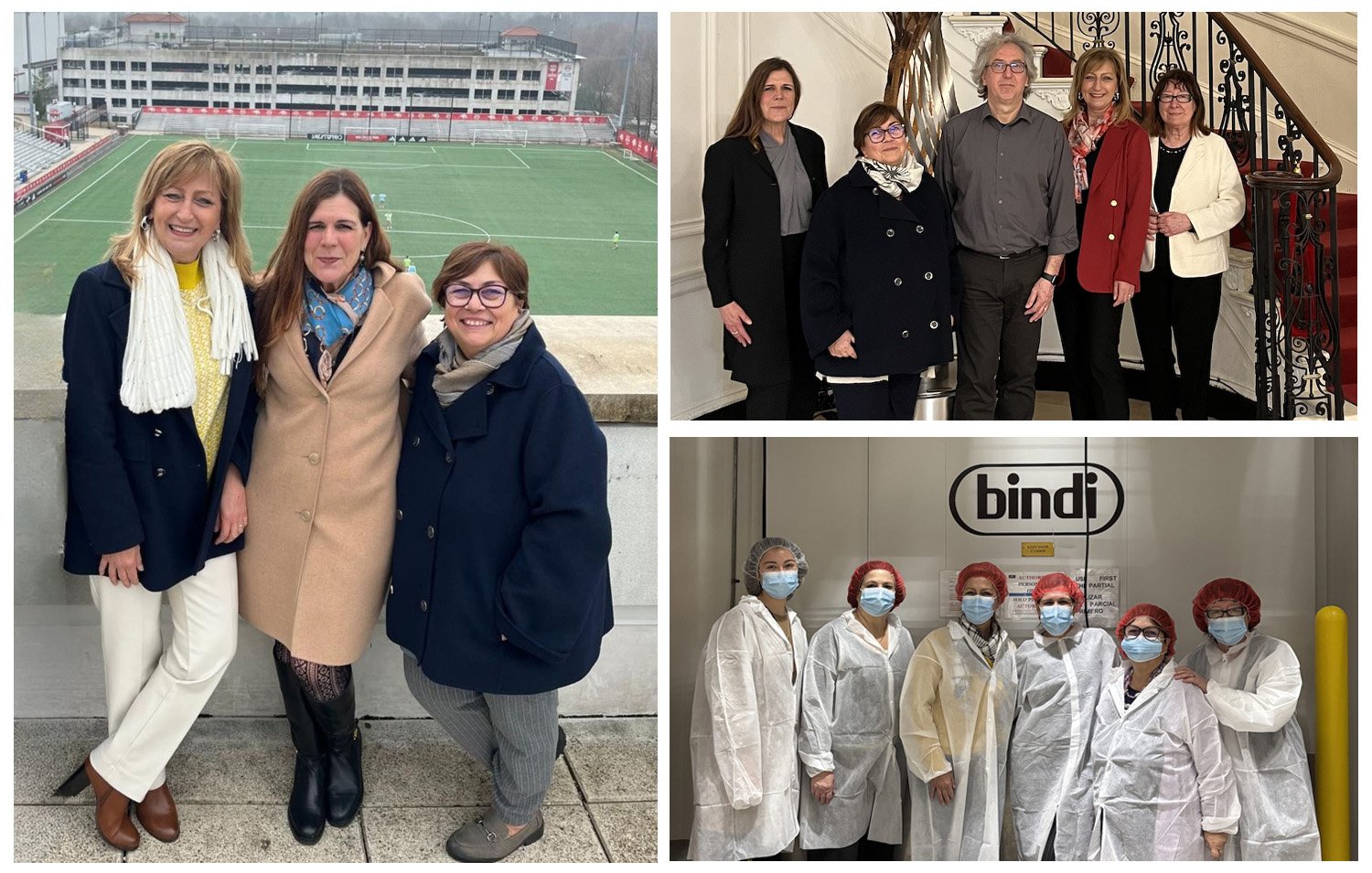 A collage of three images where the first image shows a group of three women standing outside posing in front of a soccer field, the second shows a group of five people posing inside next to a staircase, and the third shows six people wearing masks and standing in front of a large, metal door