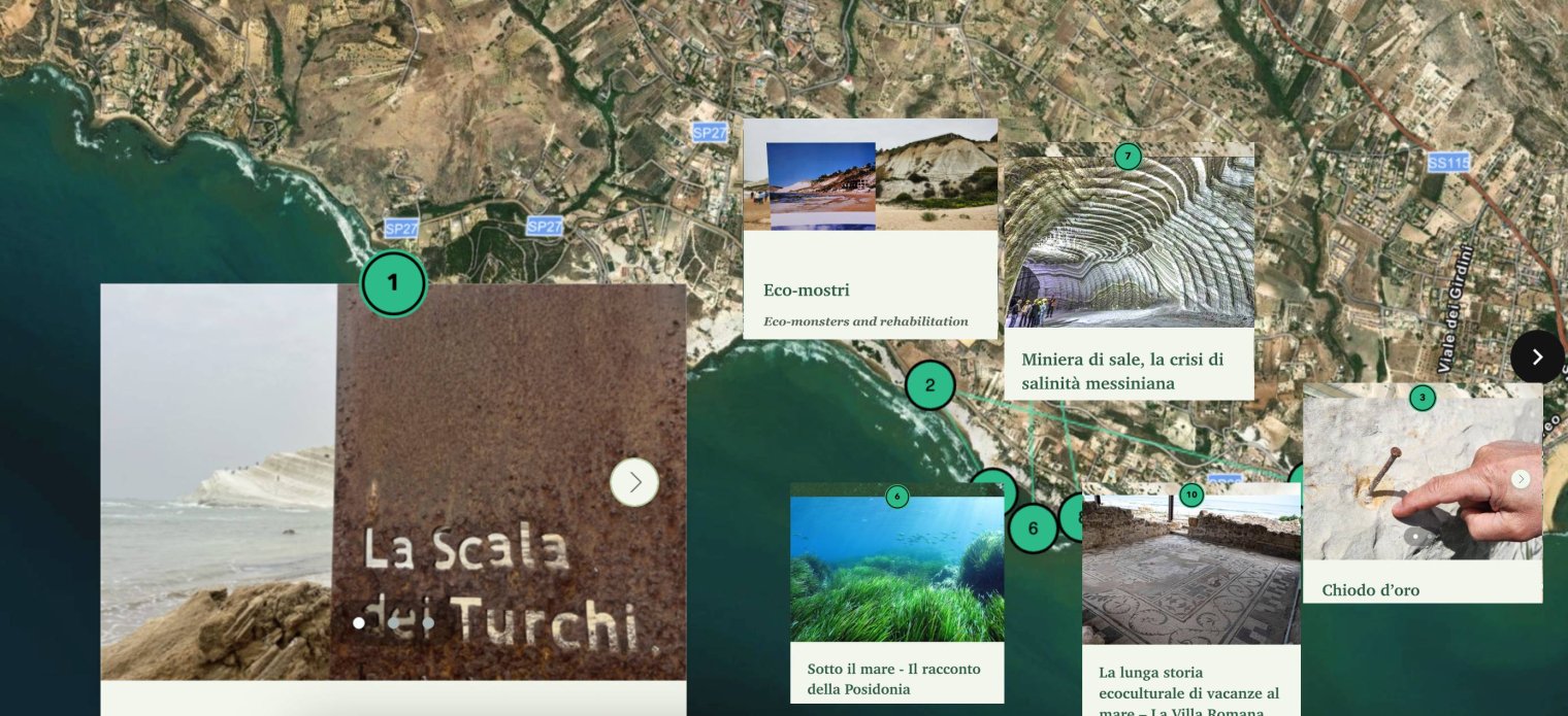 A map of Scala dei Turchi with a series of insets highlighting various places and objects within the area