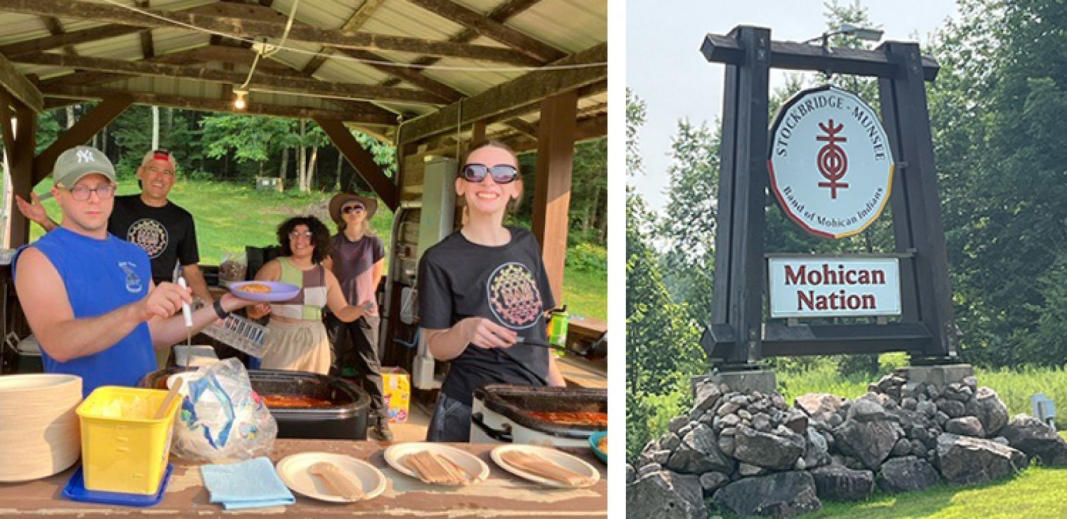 A composite image of a group of people making food under an outdoor pavilion on one side and a large, wooden sign for "Mohican Nation" on the other side