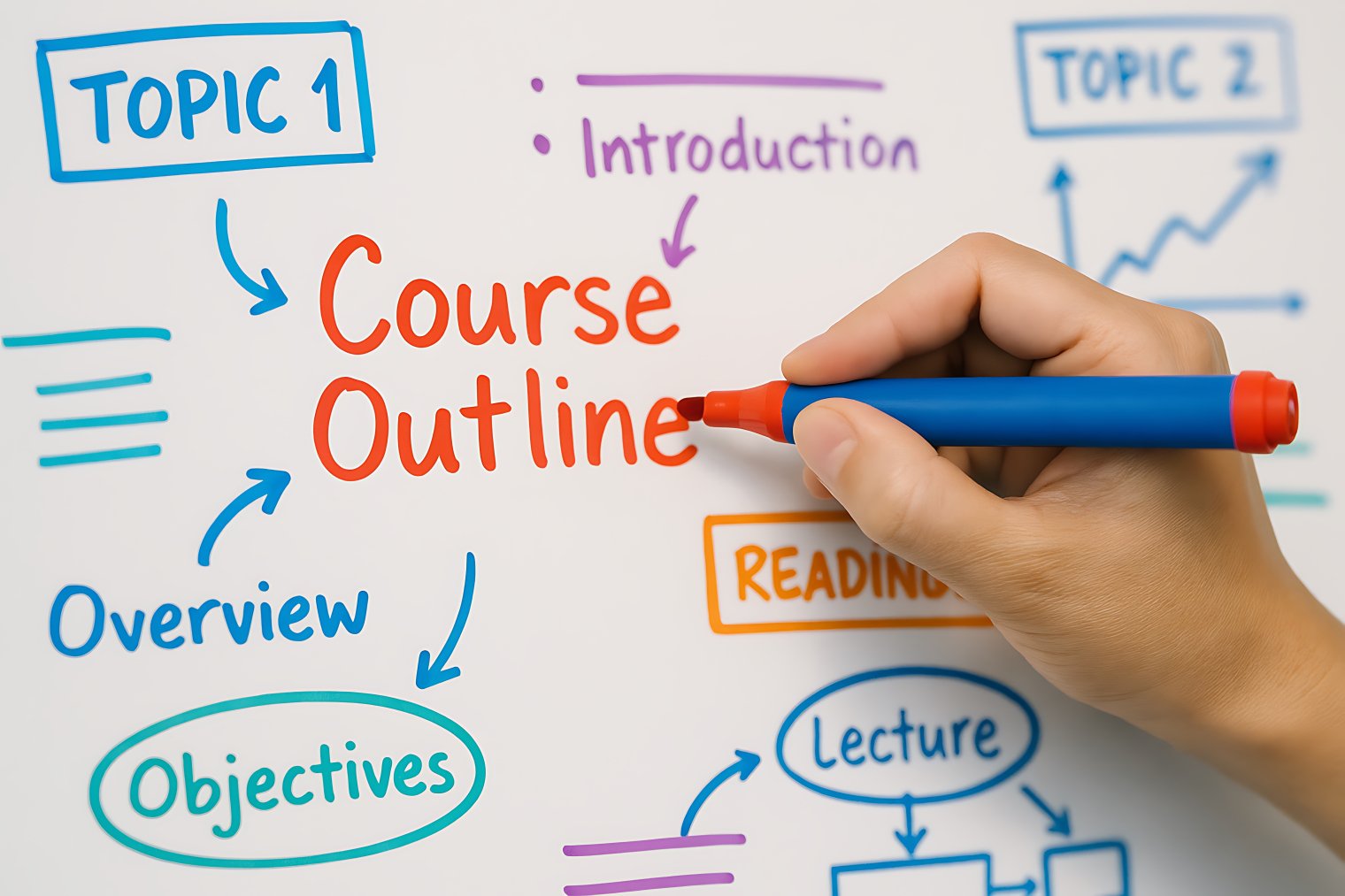 A hand meticulously crafts a visual course outline using colorful markers on a whiteboard surface