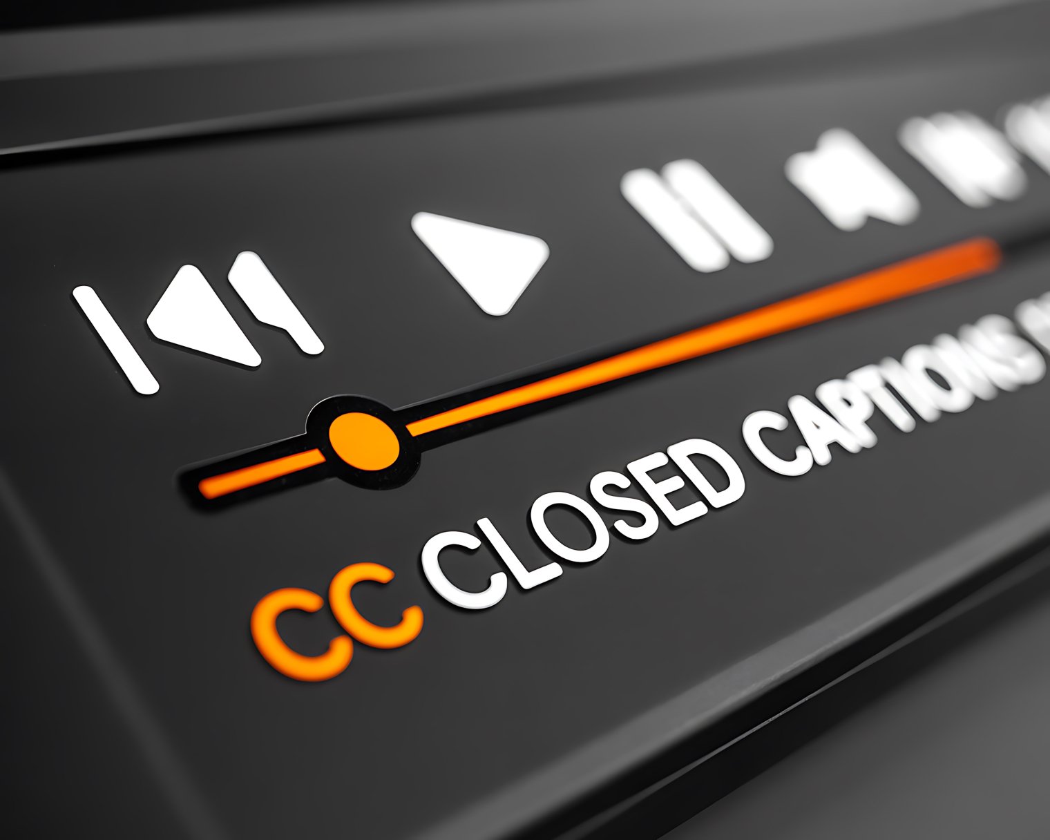 Close-up of media player controls with CC Closed Captions text interface button