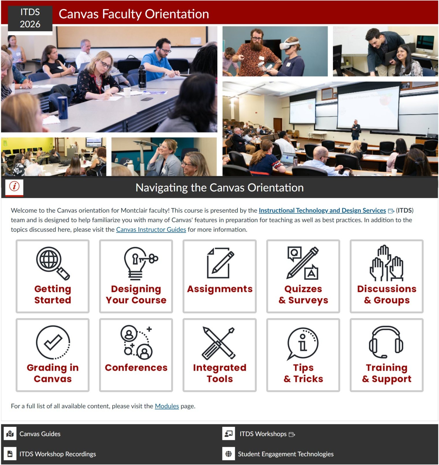 Canvas Faculty Orientation webpage with banner collage of workshop photos, orientation description, and navigation built with images.