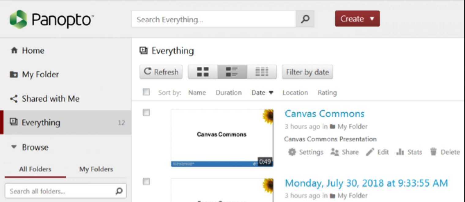 Panopto folder structure with navigation and video list