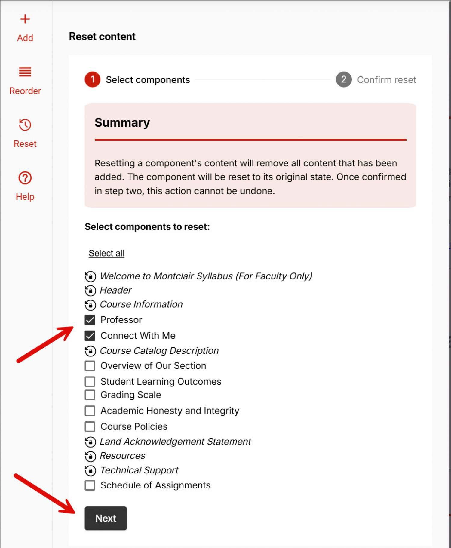 Reset Content window with two components selected and the Next button