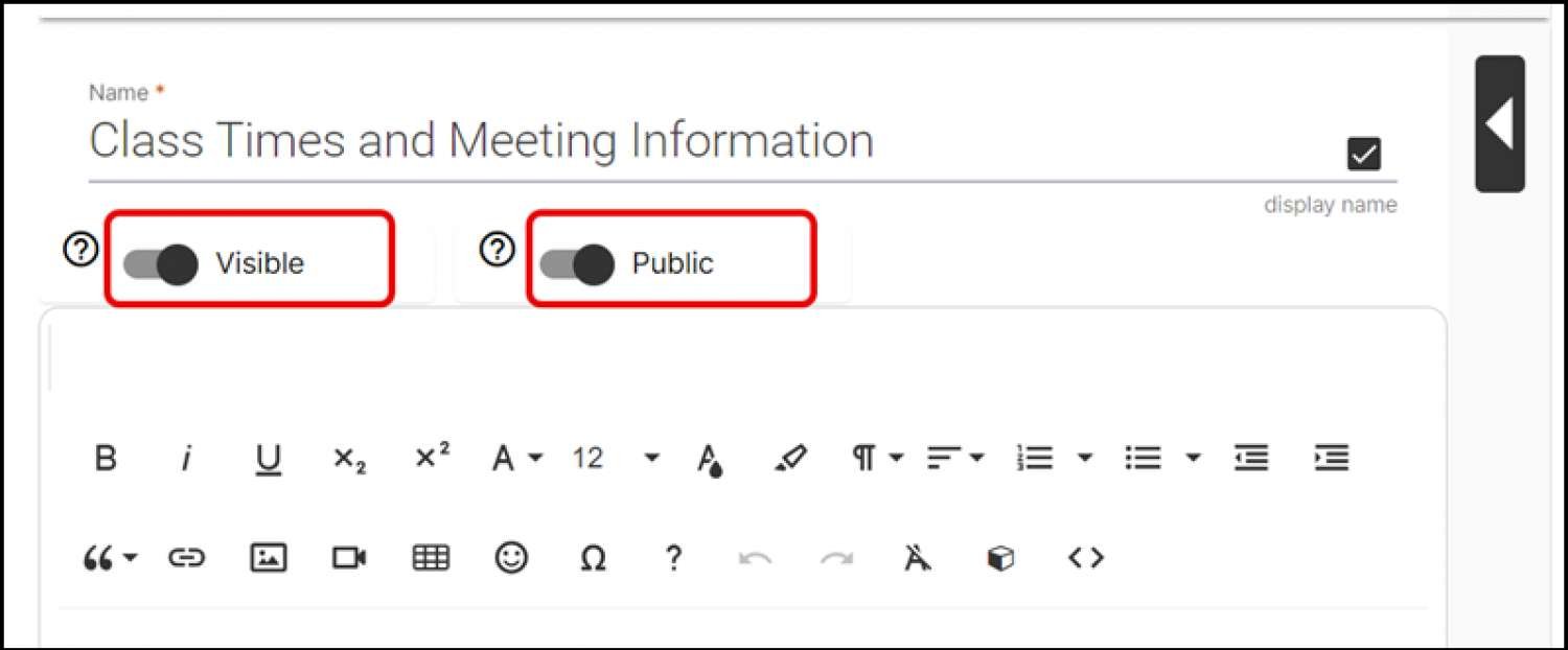 Syllabus component Visibile and Public toggles