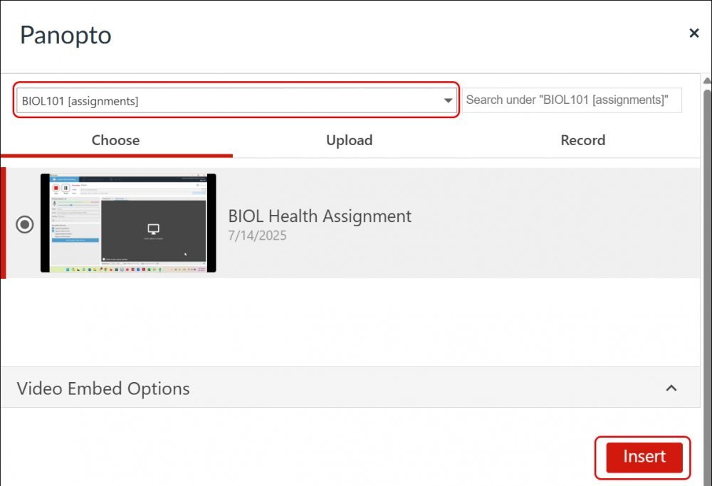 Insert video in panopto