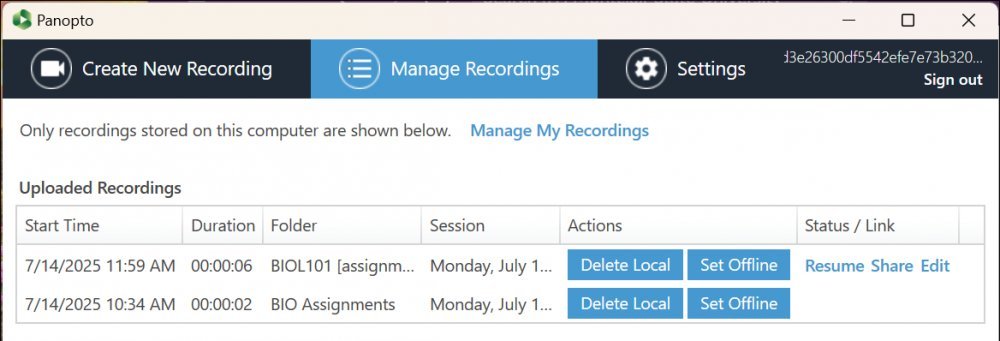 Manage recordings page in Panopto