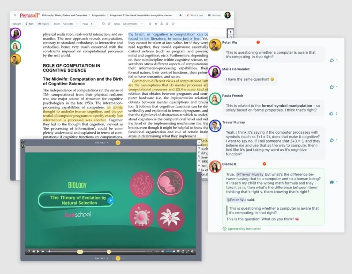 Perusall interface displaying an annotated article on computation in cognitive science and a video titled "Biology: The Theory of Evolution by Natural Selection," with user comments discussing cognitive processes.