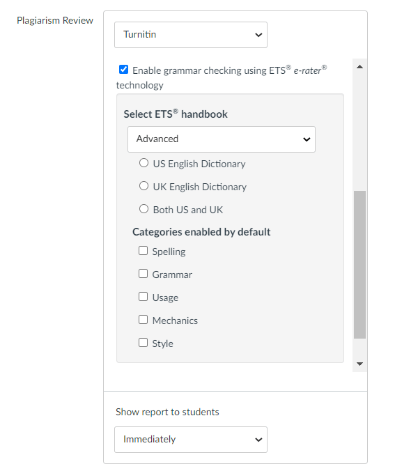 turnitin e-rater settings