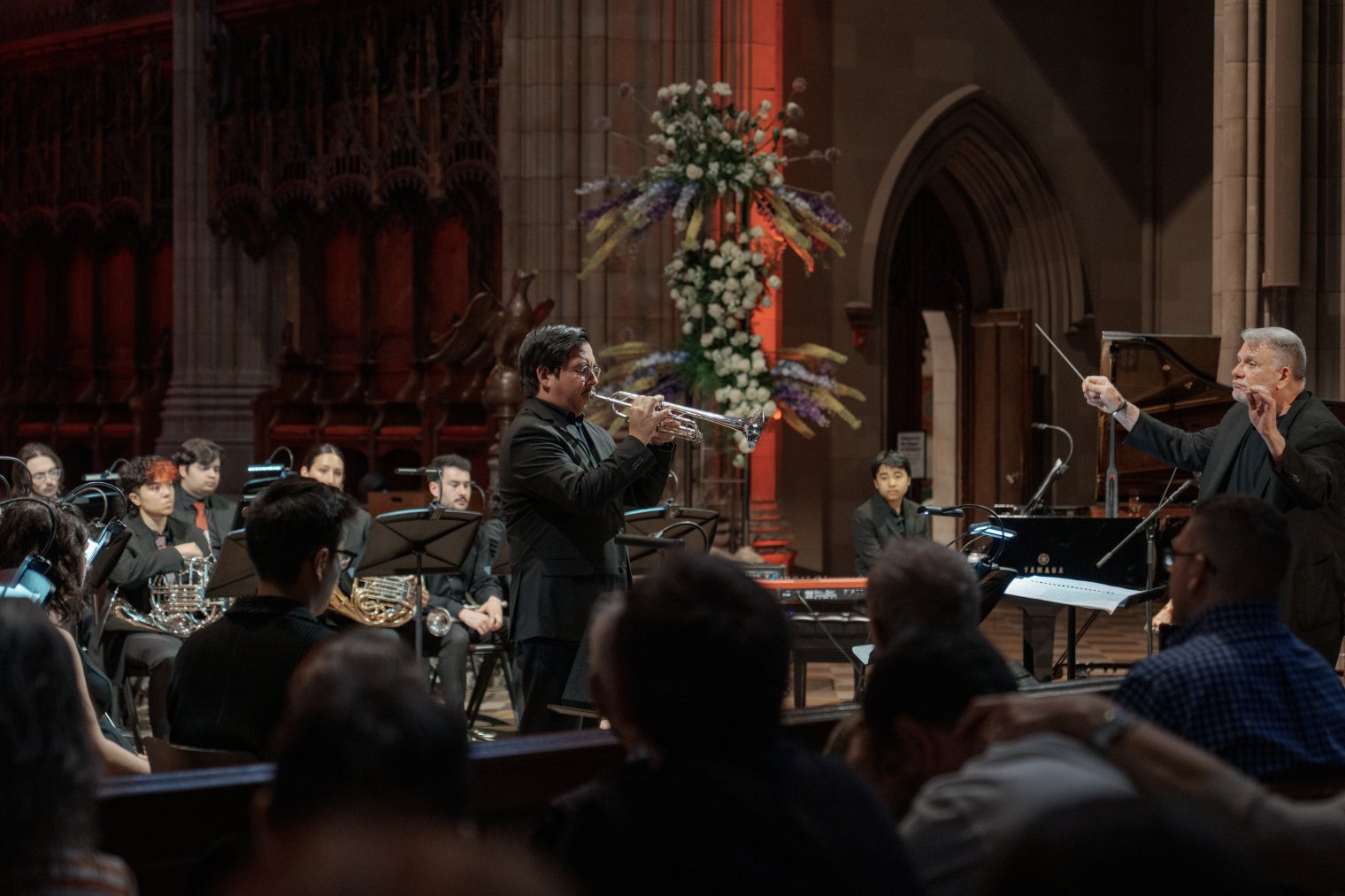 CaliBrass Ensemble on stage at the Music 250 concert at Trinity Church NYC, conducted by Dr. Thomas McCauley and organized by Dr. Micah Killion.