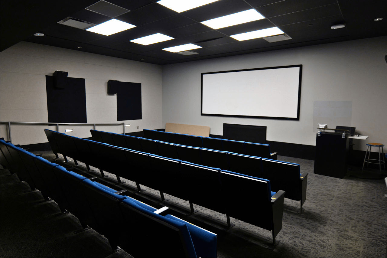 Wide angle shot of the screening theater.