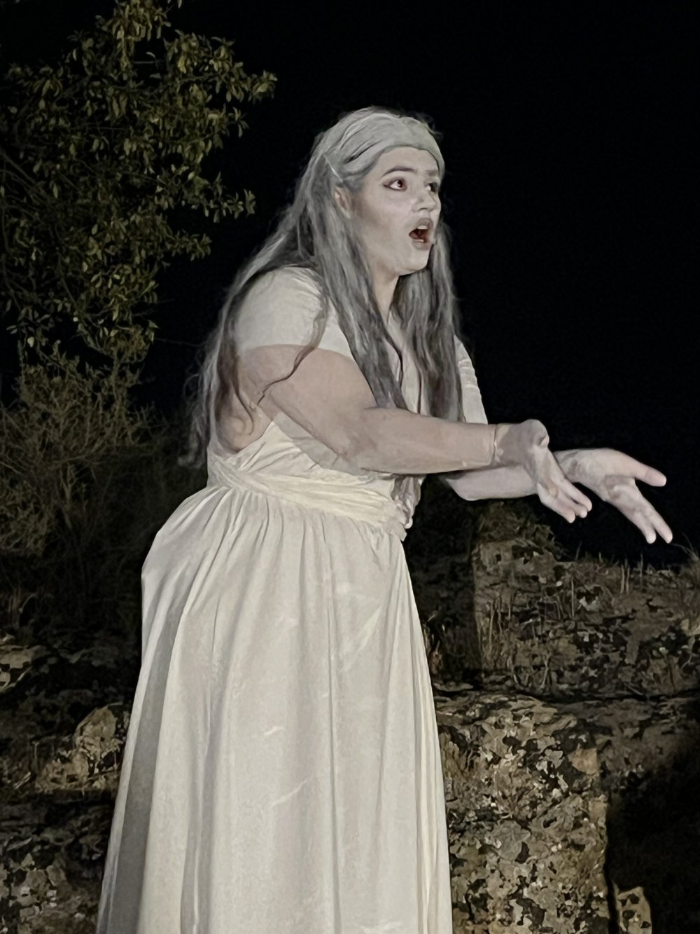 A woman wears an ancient Greek costume and performs on stage