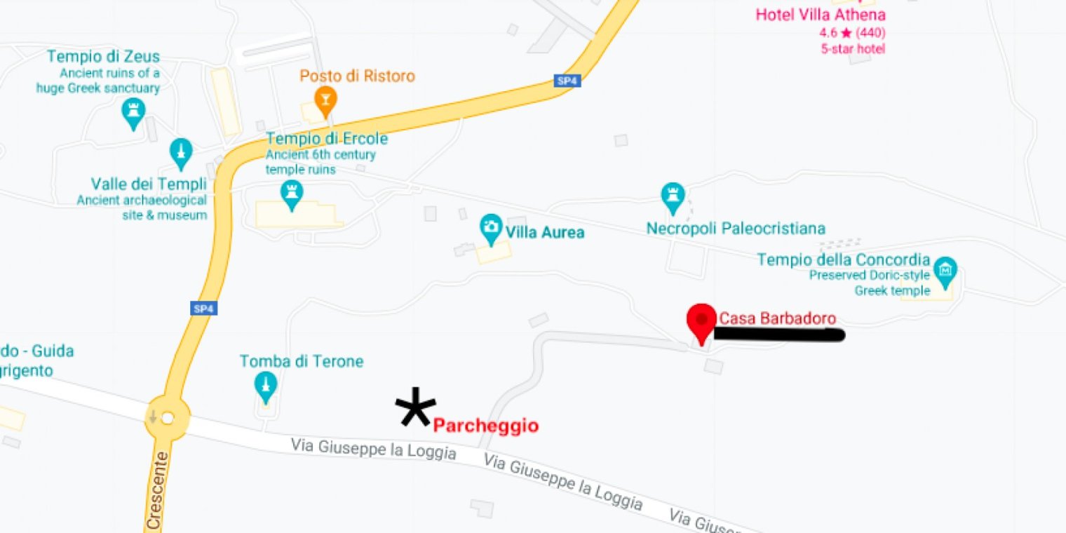 Map showing Casa Barbadoro and nearby parking within Agrigento’s Valley of the Temples