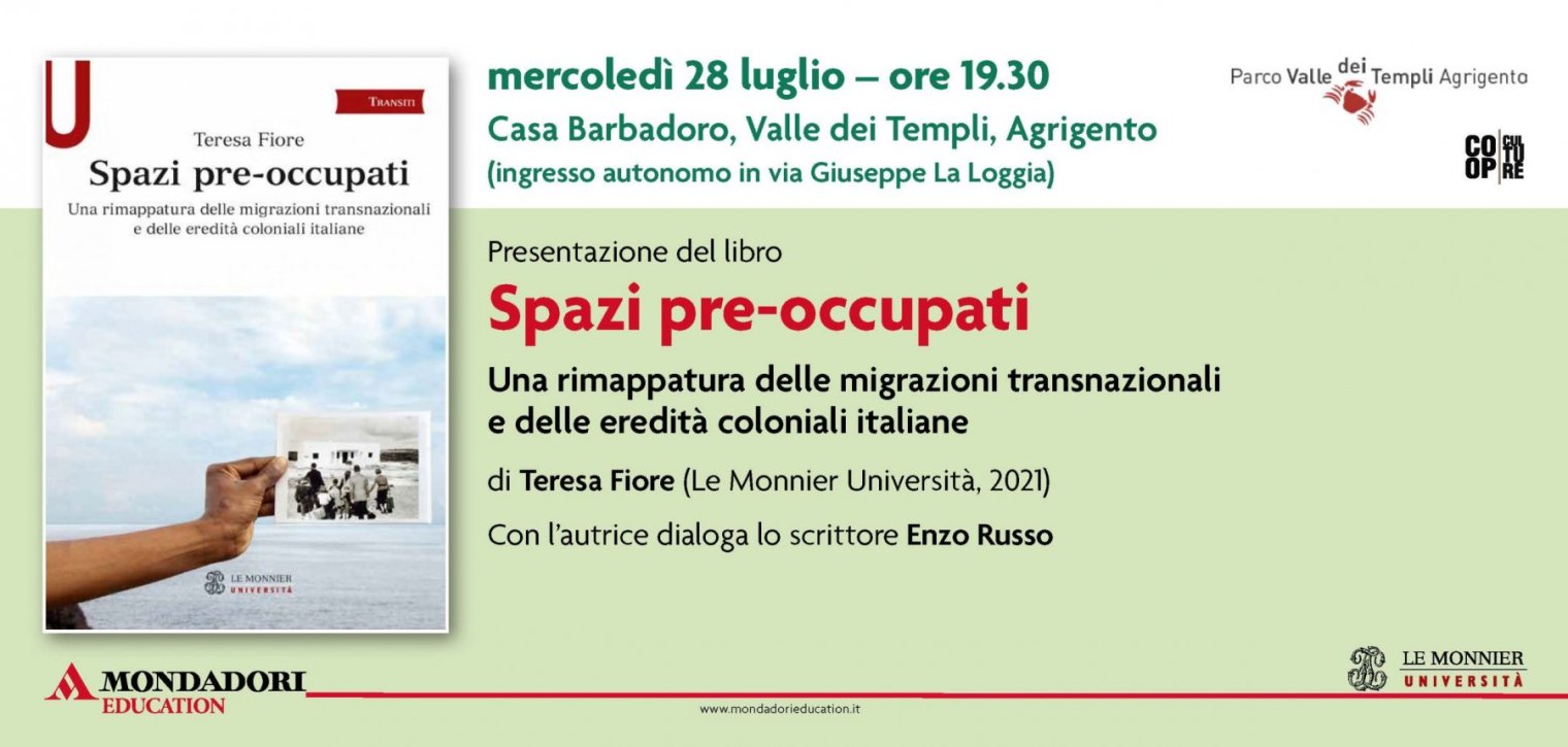 Advertisement for a talk with Dr. Teresa Fiore for her book "Spazi pre-occupati"