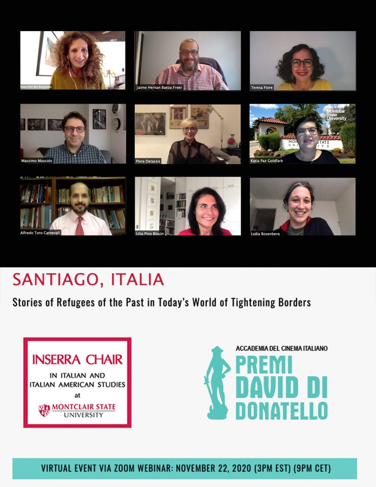 Composite image of a Zoom call screenshot and an ad for "Santiago, Italia Stories of Refugees of the Past in Today's World of Tightening Borders