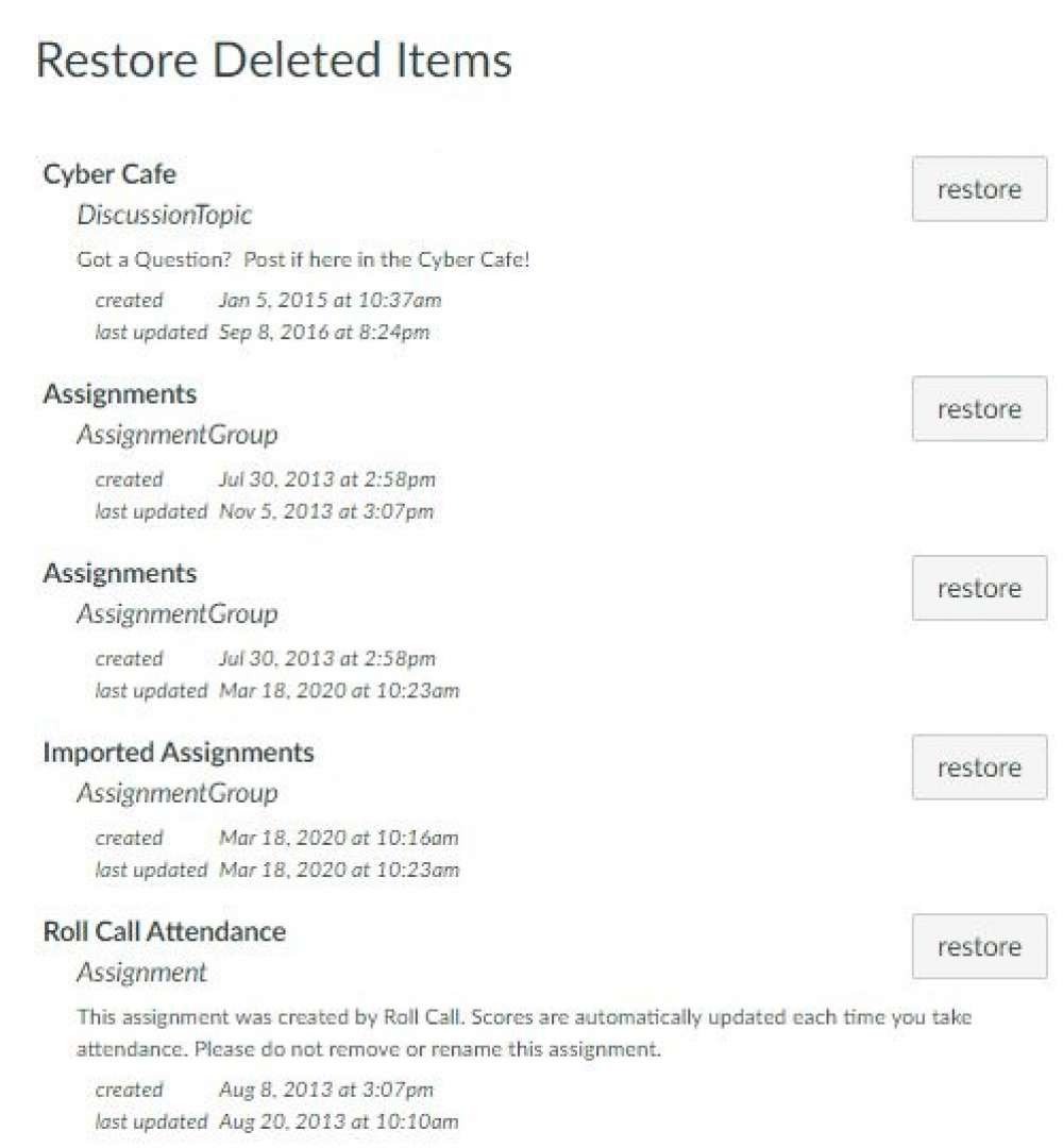 Restore Deleted Items listing course content along with Restore button.