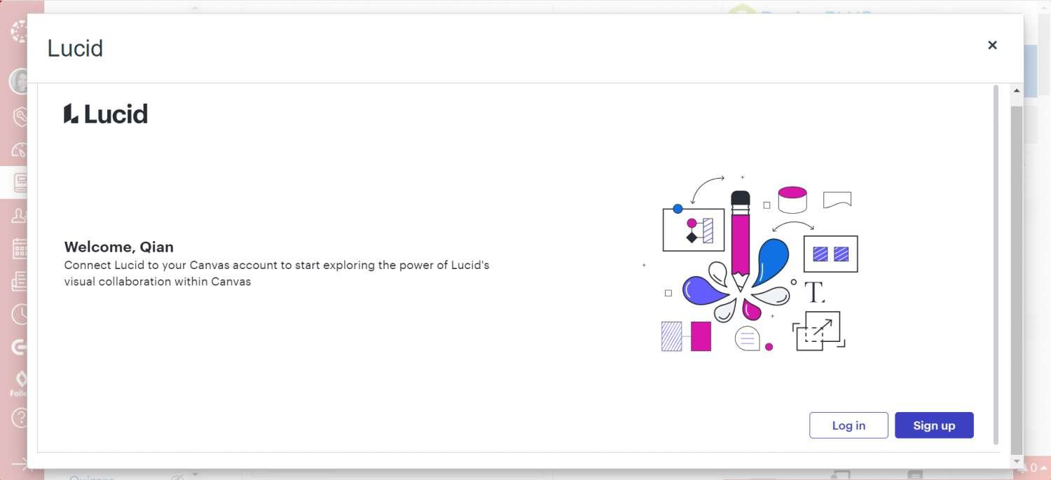 Lucid application, featuring a welcome message, colorful design elements, and options to "Log in" or "Sign up."