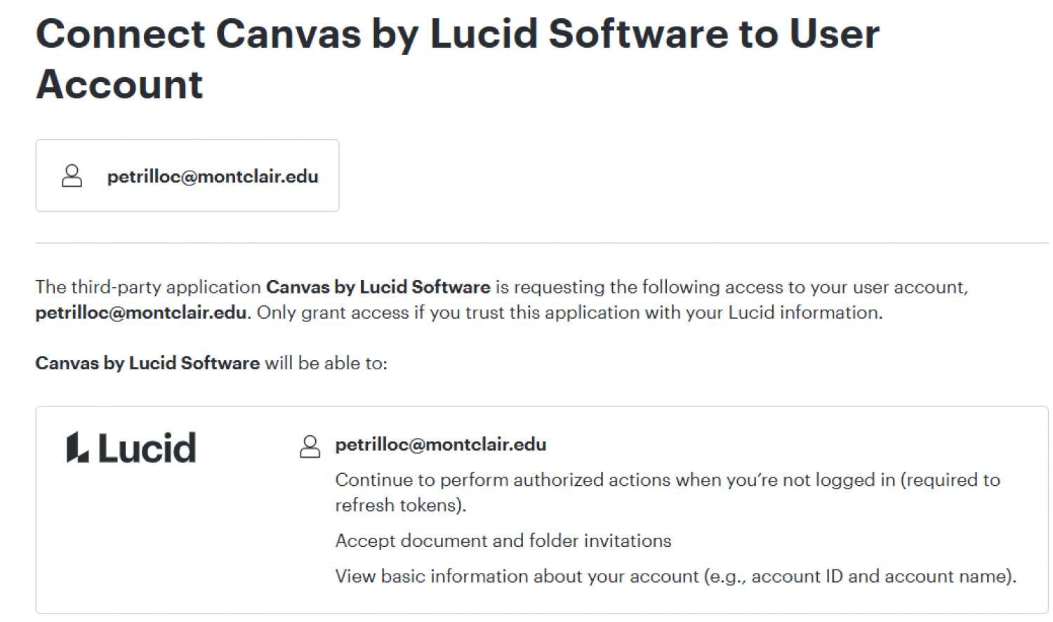 Request to connect the Canvas by Lucid Software application to a user account.
