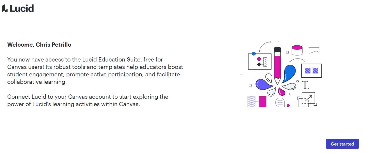 Welcome message from Lucid Education Suite, featuring colorful illustrations of a pencil and various shapes. A "Get started" button is displayed on the right.