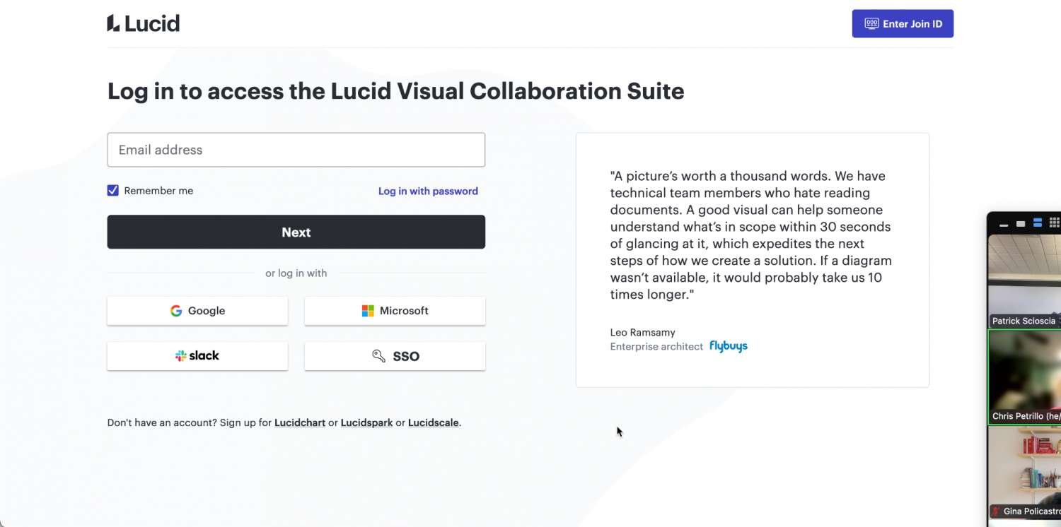 Lucid Login page with "Next" button.