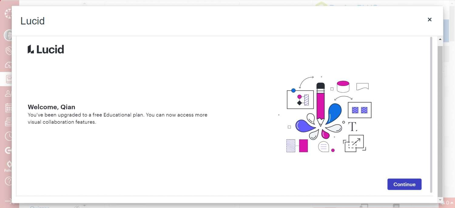 Welcome page with upgrade to a free educational plan message and a "Continue" button.