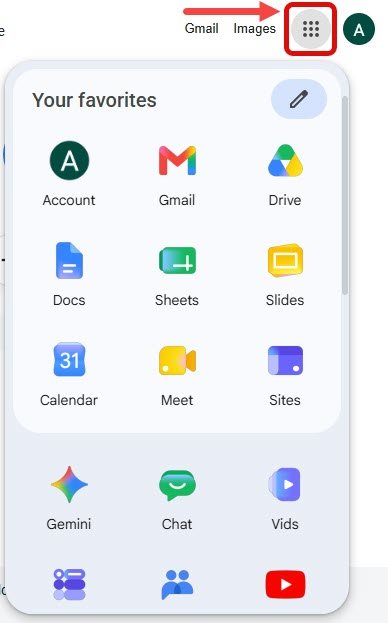Google interface showing application icons with a red arrow pointing too the Google Apps grid icon.