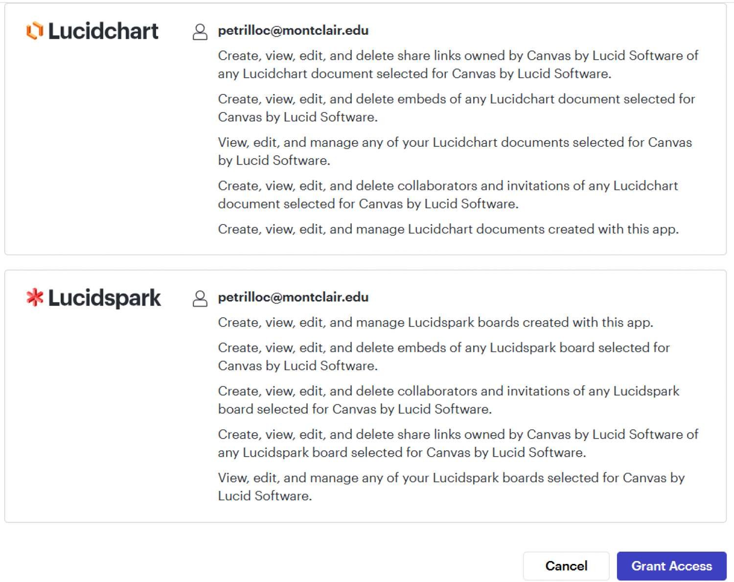 Lucid interface with options of granting access or cancelling Lucidchart and Lucidspark applications.