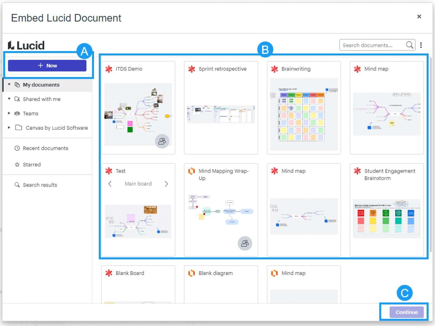 Embed Lucid Document interface with "+New" button, Layout area and "Continue" button annotated