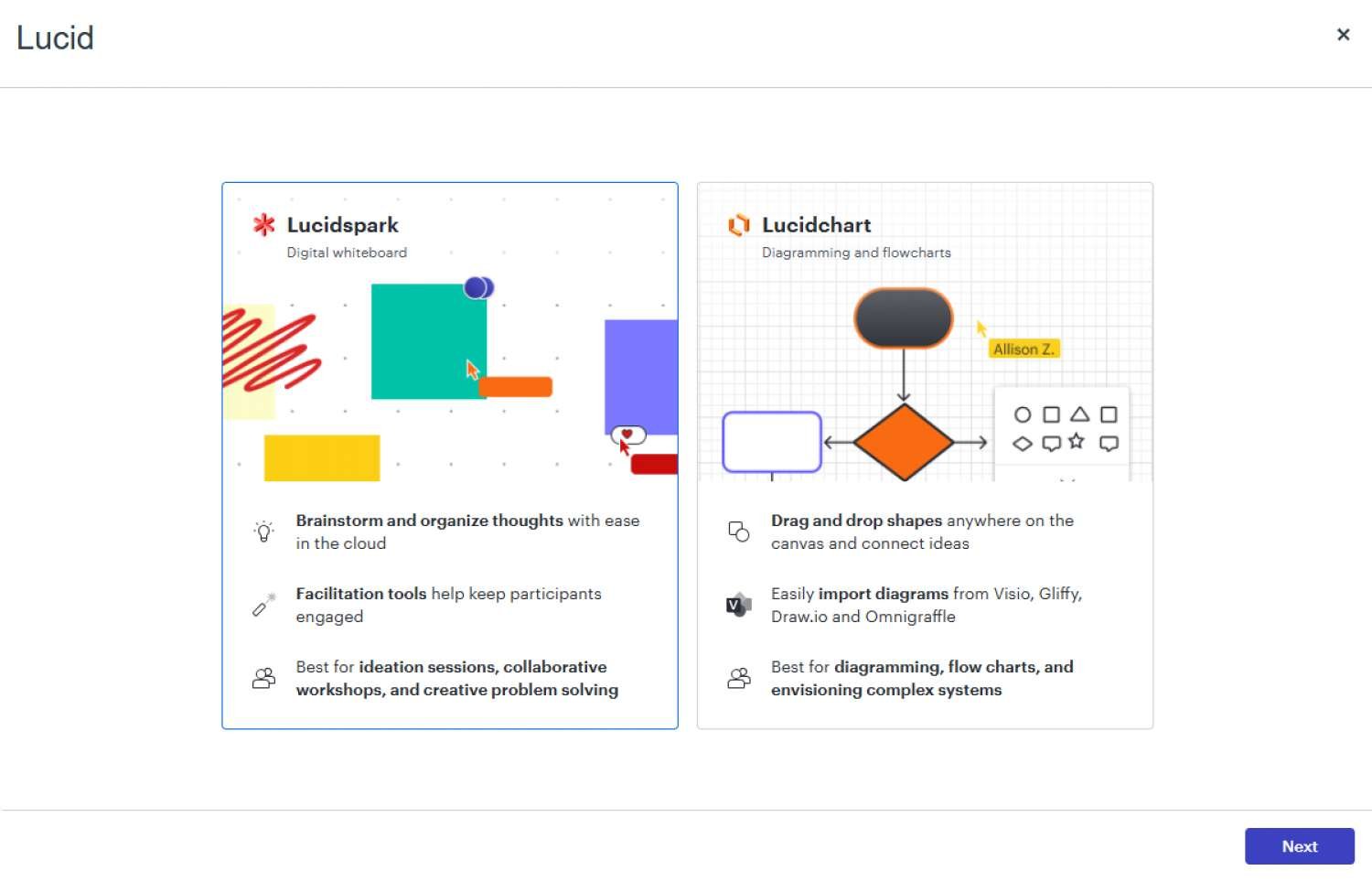 Lucid showcasing Lucidspark on the left, featuring colorful shapes and text about collaborative brainstorming tools, and Lucidchart on the right, displaying a diagram with names and flow connectivity and a "Next" button.