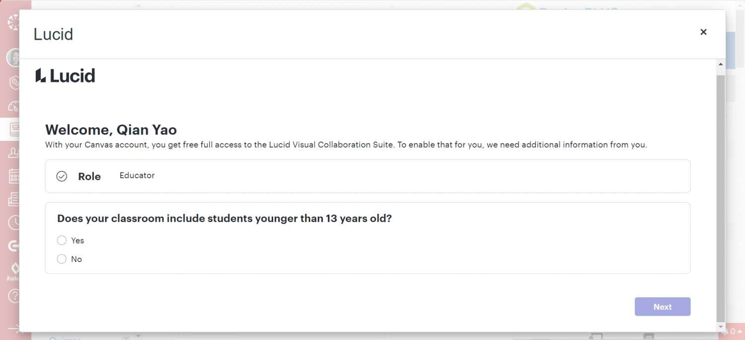 Lucid Visual Collaboration Suite interface featuring a welcome message, a checkbox for educator role selection, a question about including students younger than 13 years, and a "Next" button.