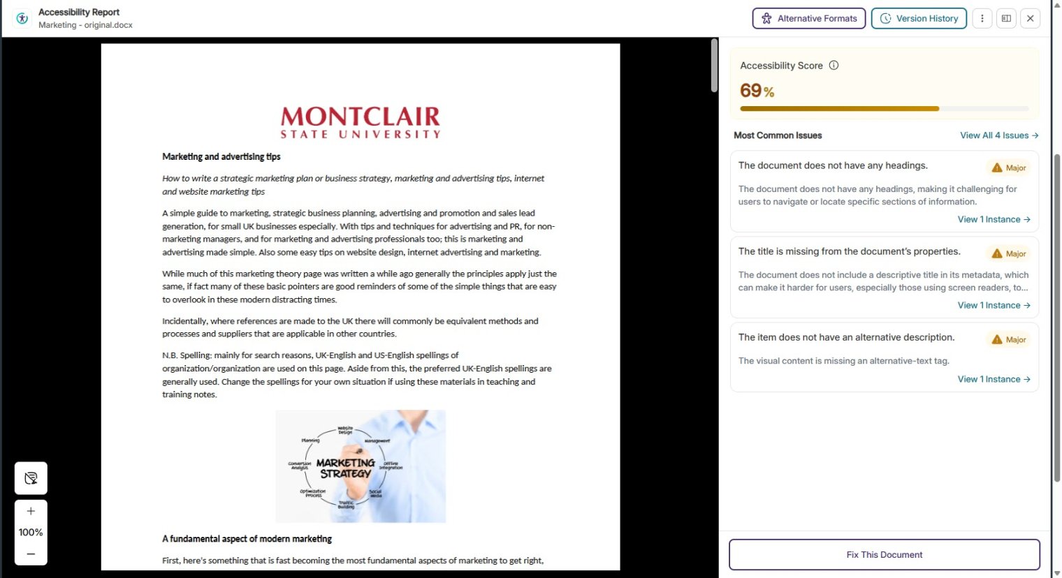 The Accessibility report opens listing issues for a document.