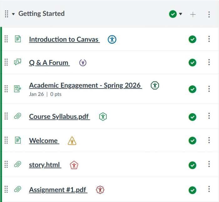 A view of Panorama's icons next to pages, assignments and files contained in a Canvas module.
