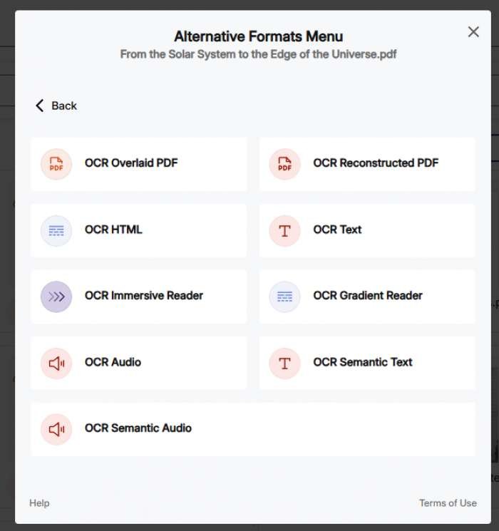 Different types of OCR formats after clicking on the OCR Formats button.