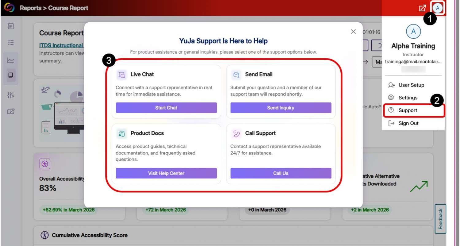 Access YuJa Support via the Profile menu.