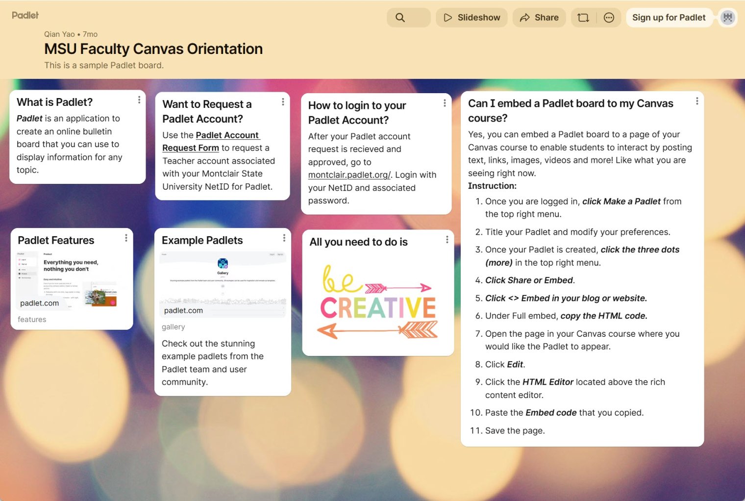 Padlet board titled "MSU Faculty Canvas Orientation," featuring sections on Padlet features, login instructions, and embedding options, with colorful graphics and a user-friendly layout.