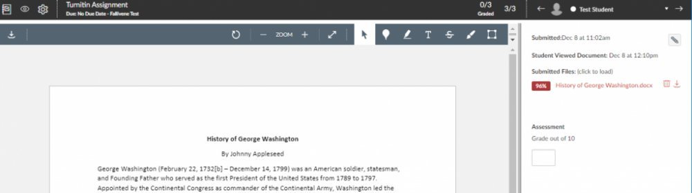Turnitin assignment submission page showing a document preview with submission details and percentage similarity information on the right.