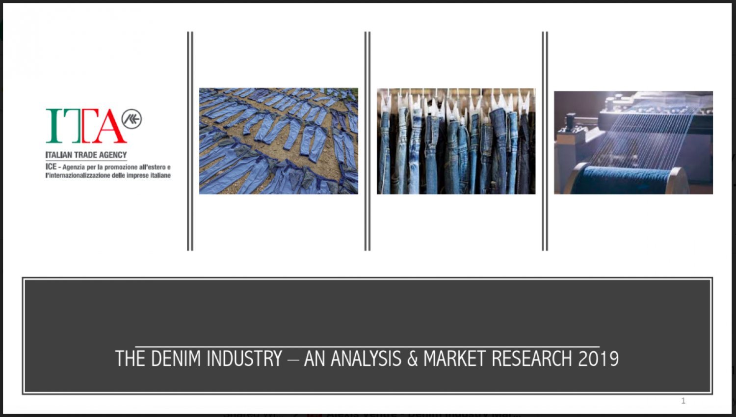 A flyer for "The Denim Industry - An Analysis and Market Research 2019" showing different stages of jeans production