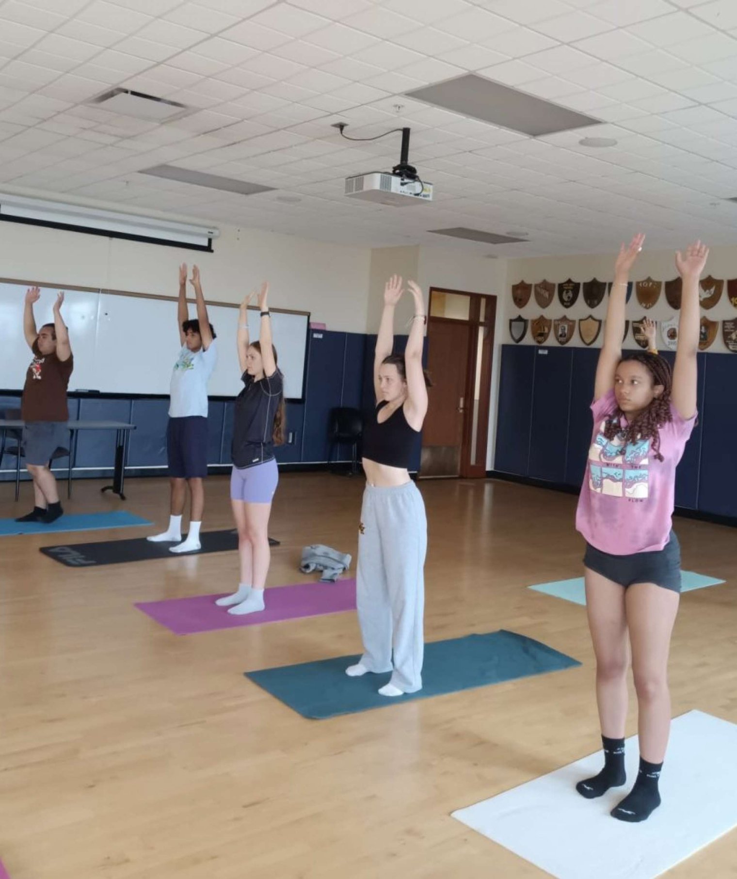 A group of people perform a yoga Upward Salute