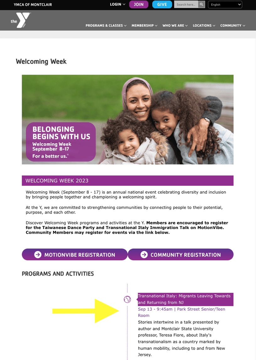 a flyer for the YMCA of Montclair's "Welcoming Week"